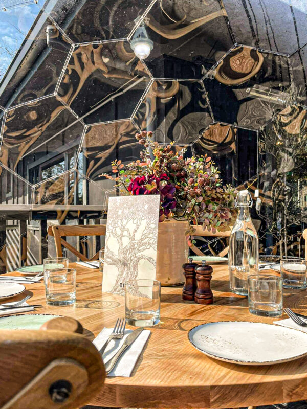 Tavolo di legno pronto per il pasto all'interno della cupola da pranzo