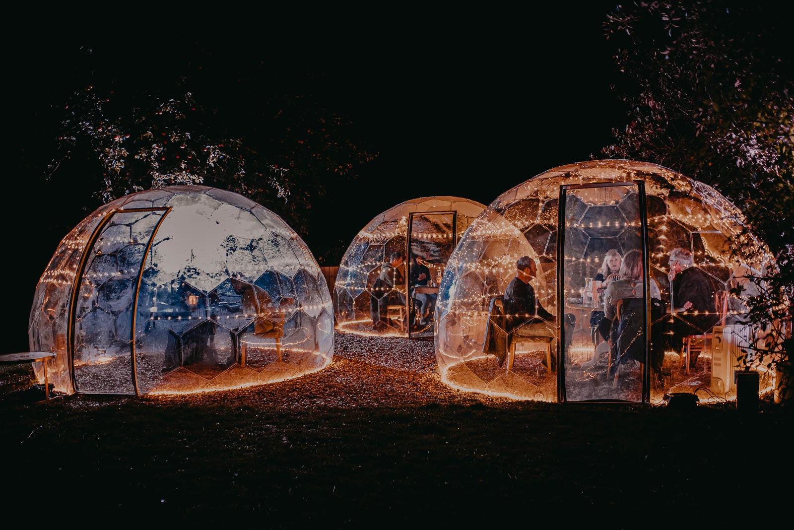 Dômes illuminés avec des amis dîneurs