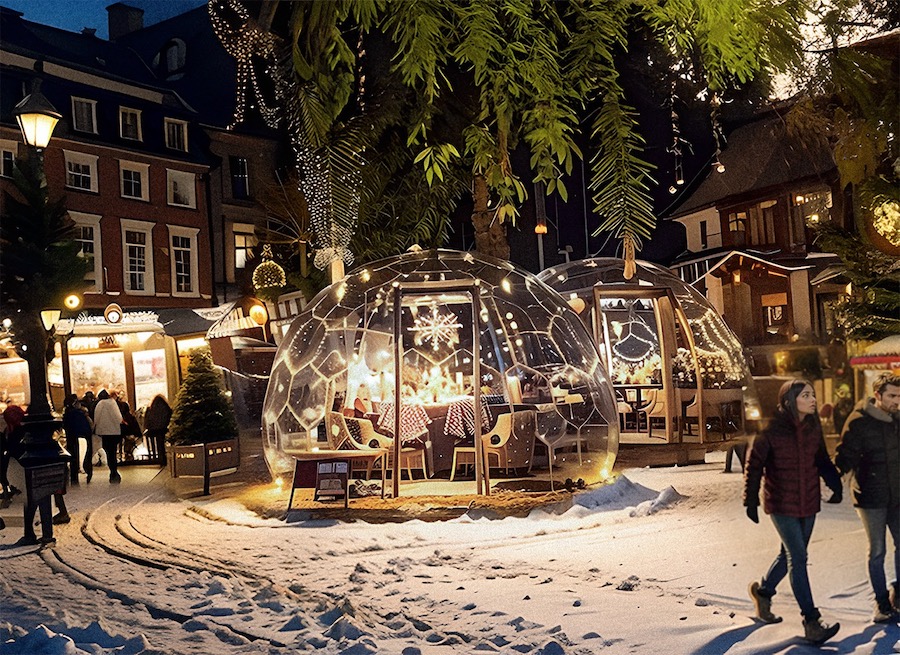 Essen in einer echten Schneekugel im Freien