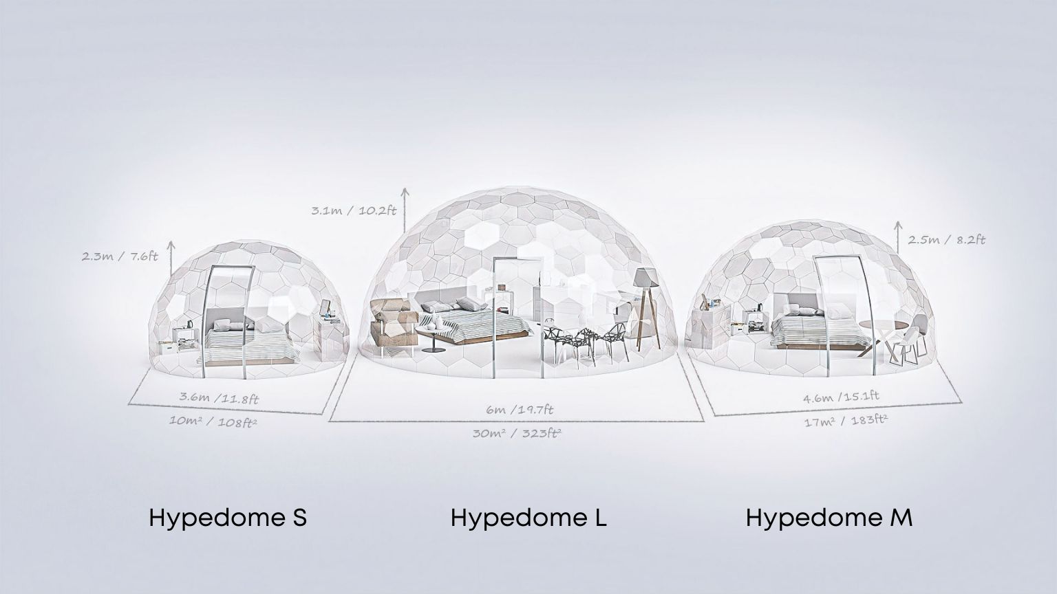 un confronto tra le dimensioni dei bungalow glamping