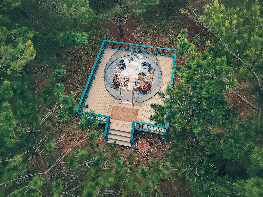 Un grand dôme d'observation des étoiles sur une terrasse en bois entourée d'arbres