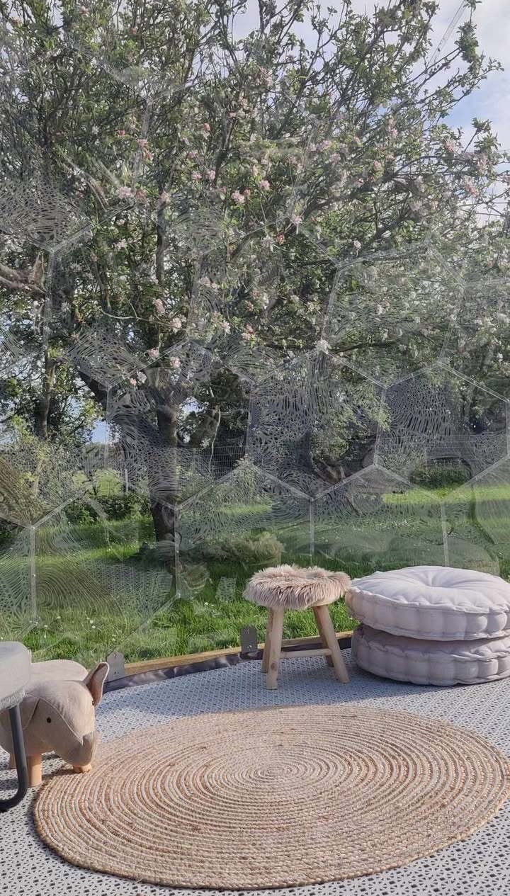 Möbel im Inneren der Gartenkuppel in einem windigen Obstgarten