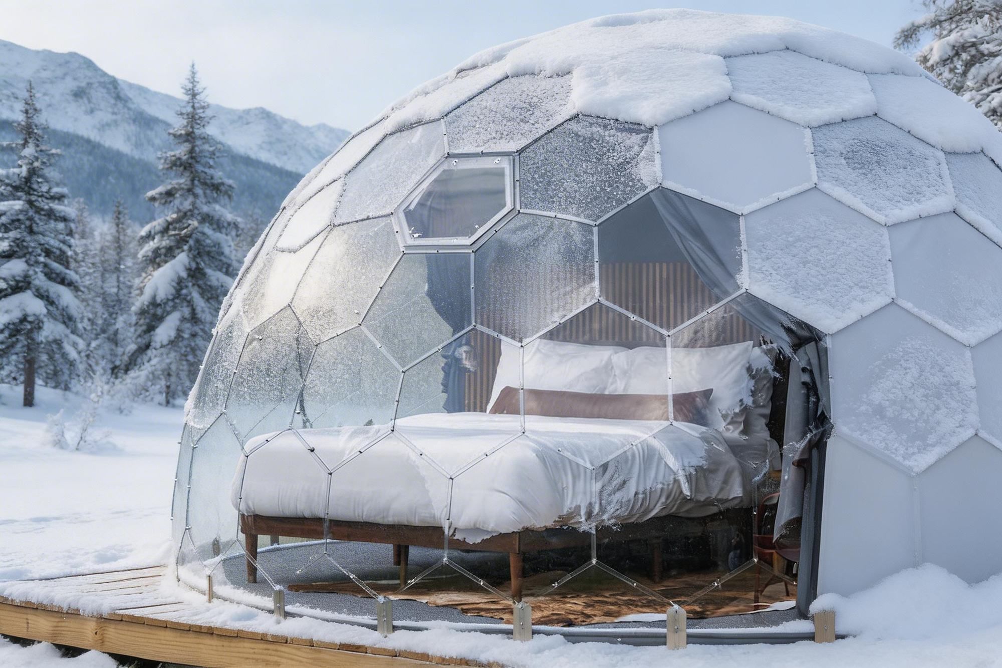 Intérieur d'un Hypedome dans la neige profonde avec un lit et une vue sur les montagnes à travers la coque transparente