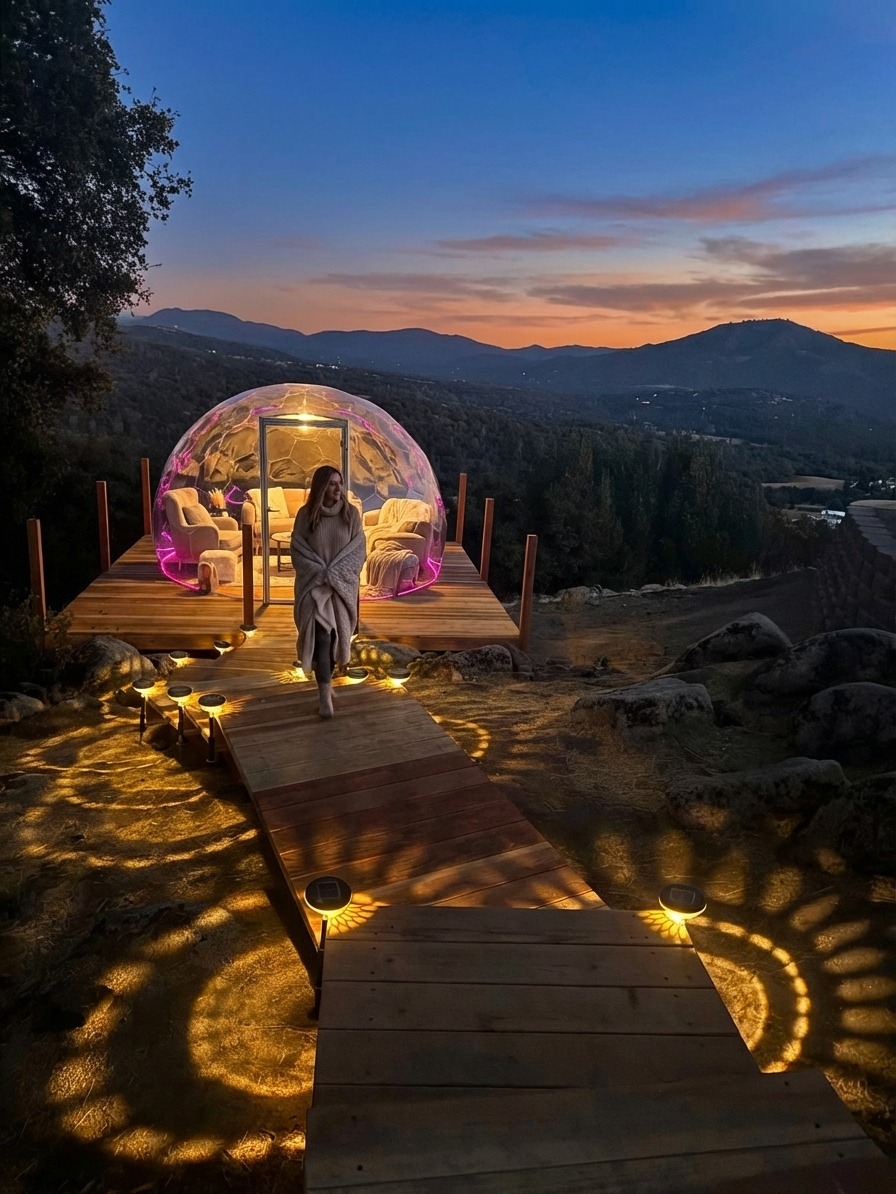 Esempio di foto di copertina: cupola geodetica al tramonto con una calda illuminazione interna e un camminamento di montagna.