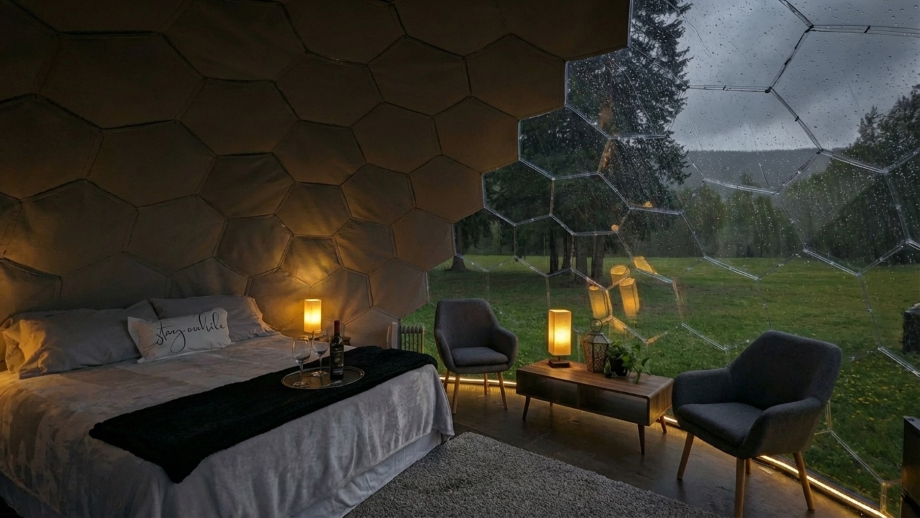 Esempio di galleria di eroi: interni a cupola con camera da letto accogliente, illuminazione notturna ambientale attraverso pannelli trasparenti