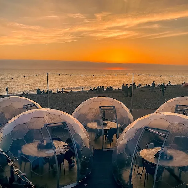 Two Hypedomes silhouetted against a coastal sunset