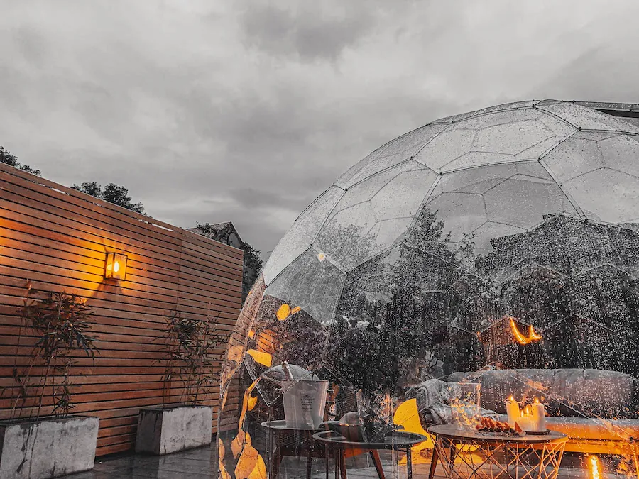 Rain falling on a waterproof Hypedome garden dome