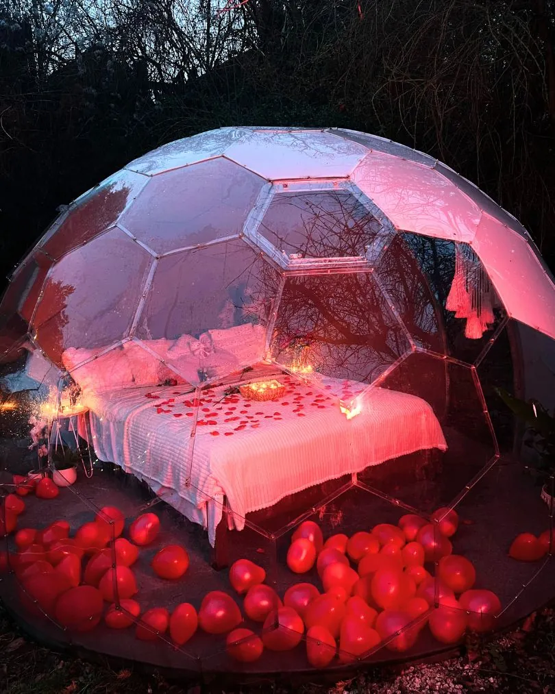 a romantic bedroom in a Hypedome garden dome