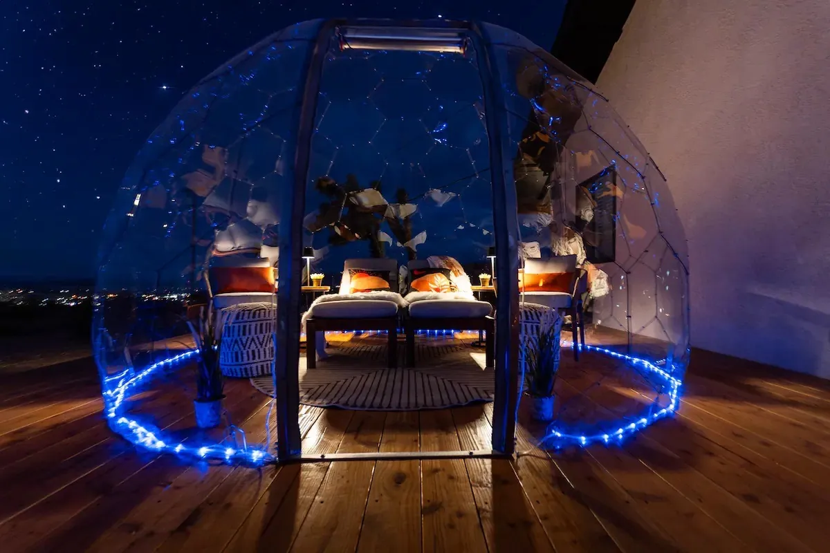 Looking up through the panels of a Hypedome at the night sky