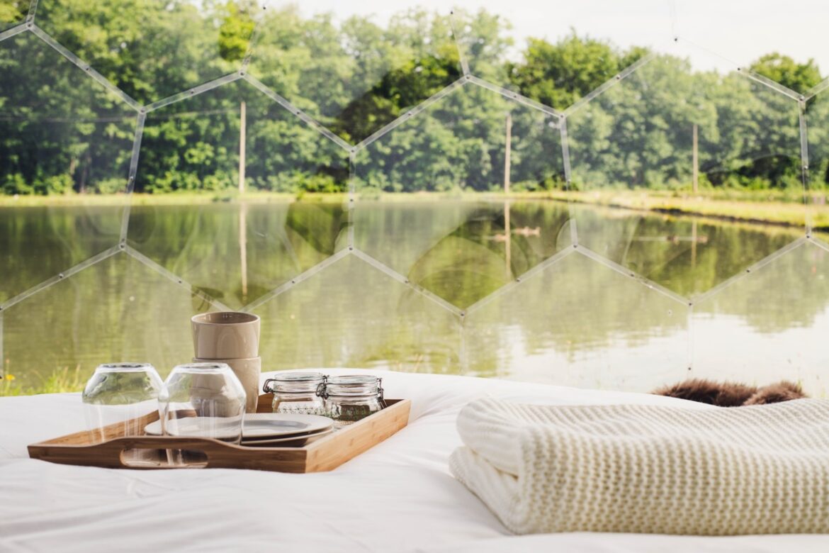 Blick auf die Natur aus dem Inneren des Glamping-Pods