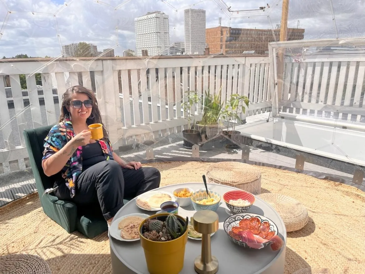 Isabel relaxing in her rooftop dome