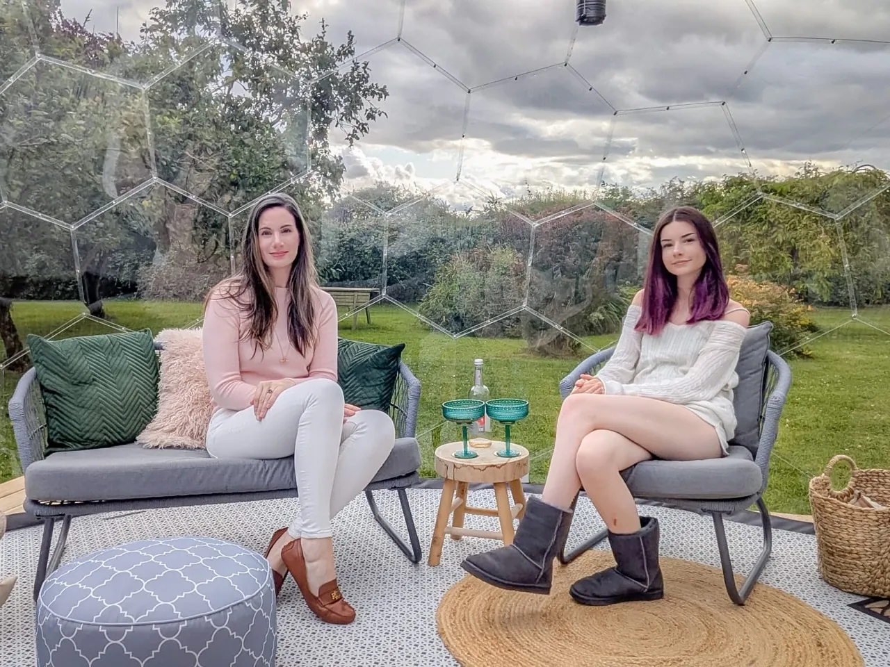 Cassandra and her daughter Rosie in their garden dome in Ireland
